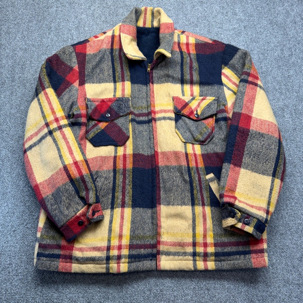 Vintage Plaid Wool Jacket Mens XL Yellow Red Navy Full Zip Workwear Coat USA